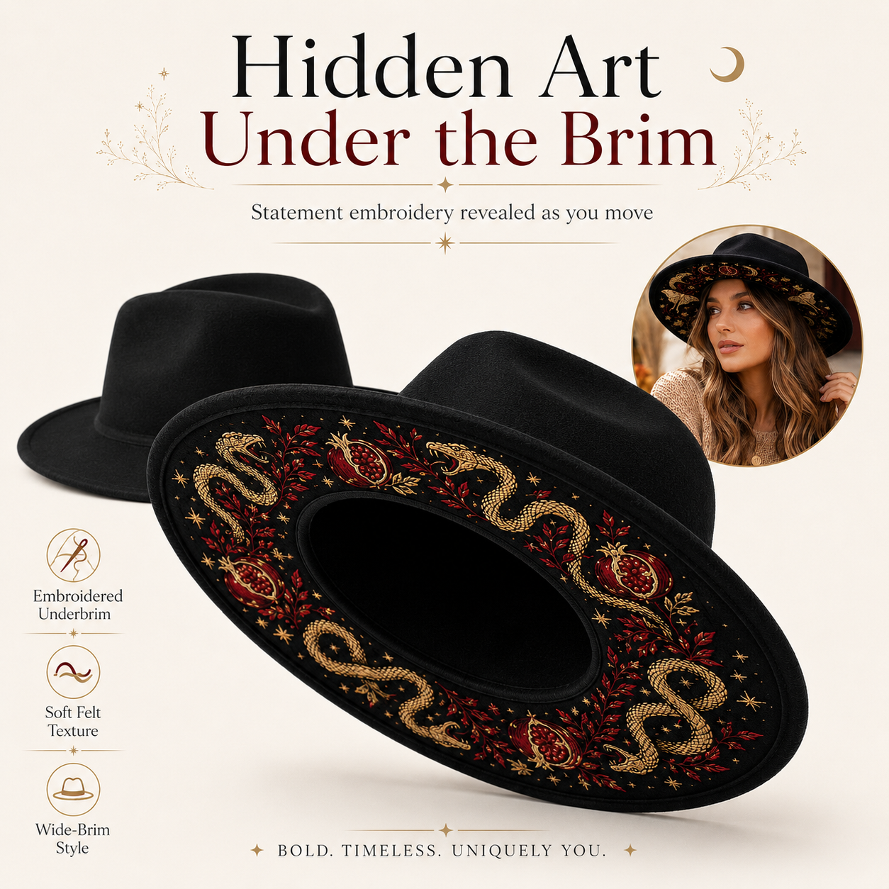 Model wearing embroidered felt hat in outdoor autumn setting