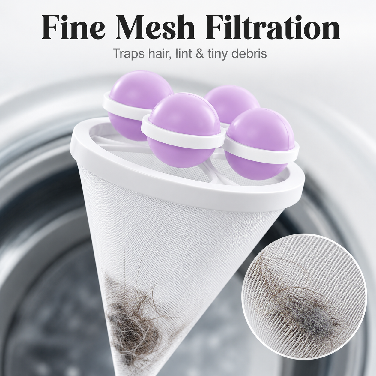 Fine mesh filtration traps hair lint and debris