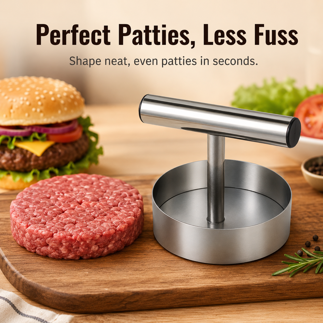 Cooking pressed burger patties in skillet with golden brown crust