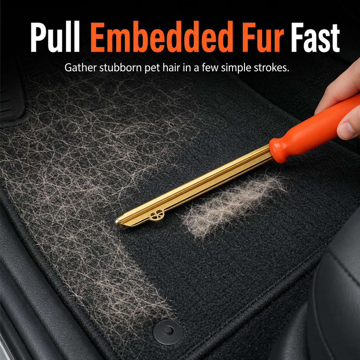 Cleaning stubborn dog hair from car floor mat with scraper tool