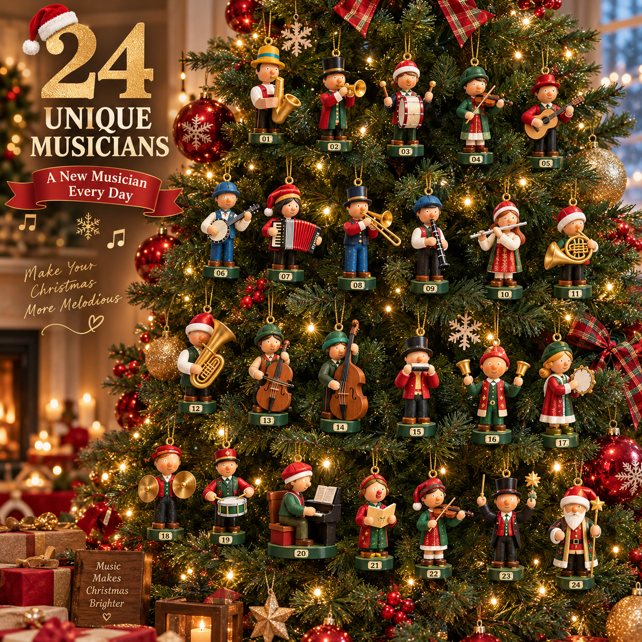 24 musician Christmas ornaments hanging on a Christmas tree