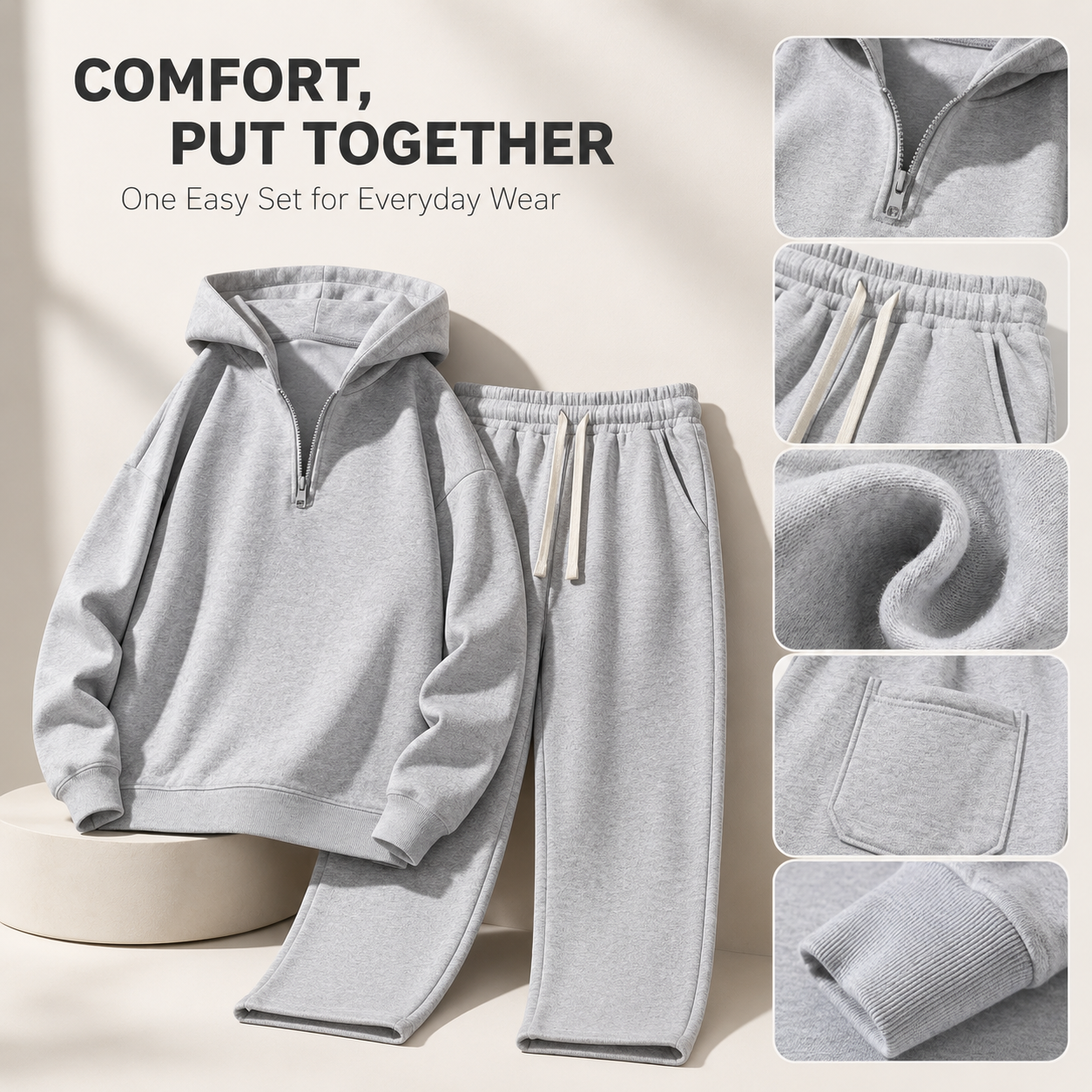 Side angle model wearing 2-piece gray sweat set