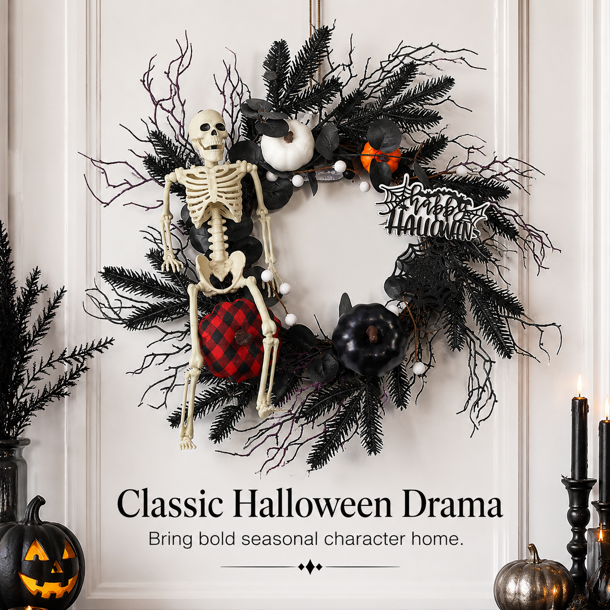 Autumn skull halloween wreath with maple leaves and yellow blooms