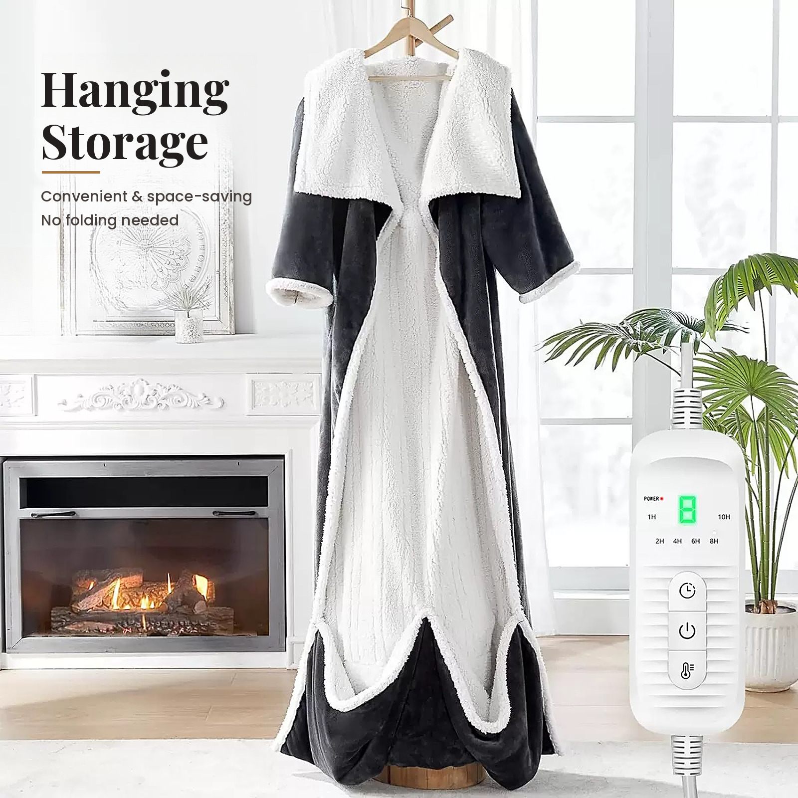 Wearable Heated Blanket Robe – Sherpa-Lined Flannel Robe with 8 Heat Levels, Auto-Off Timer & Detachable Controller