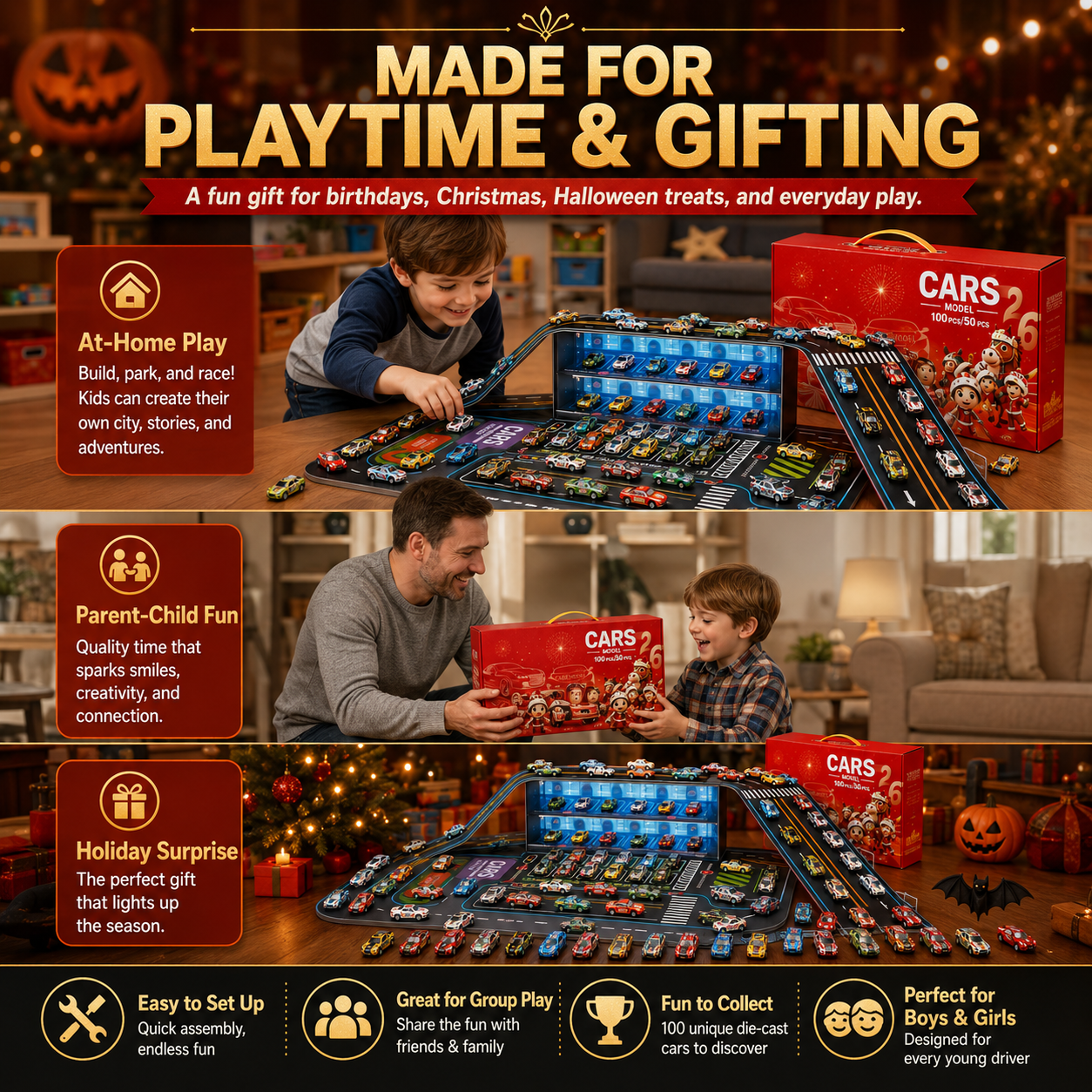 Portable gift box storing pull-back race cars and track accessories