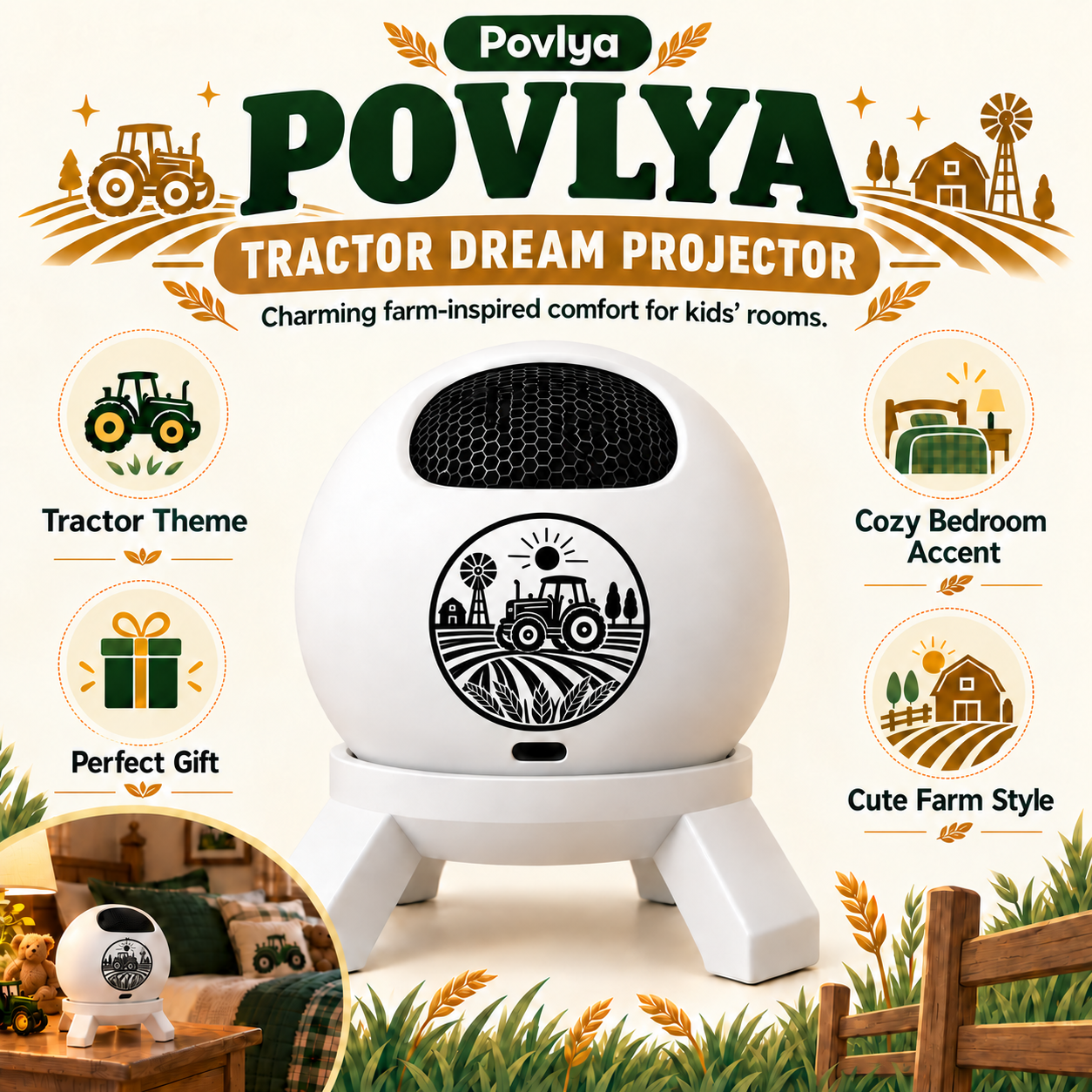 Little farmer enjoying cozy bedtime projection in farm themed room