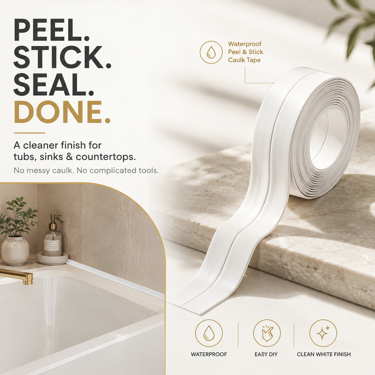 Waterproof peel and stick caulk tape for bathroom and kitchen edges