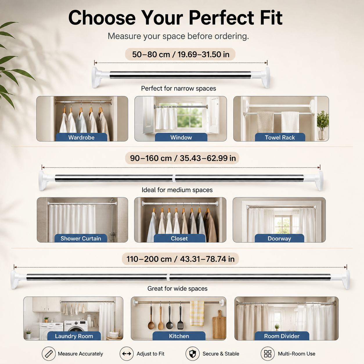 Tension rod three size options comparison table