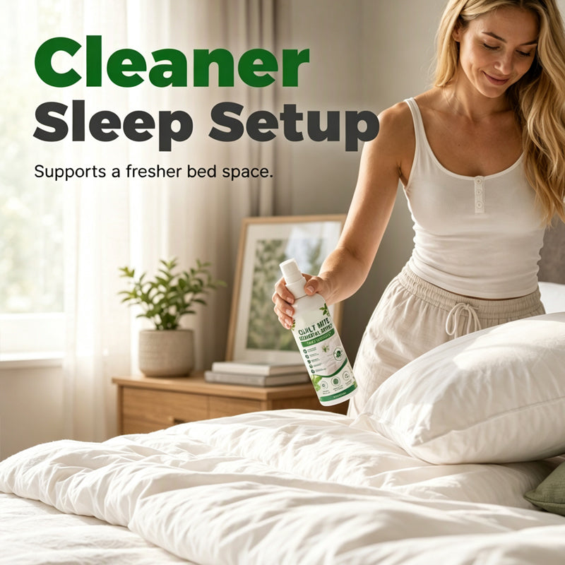 Bedding refresh spray as part of an everyday bedroom care routine