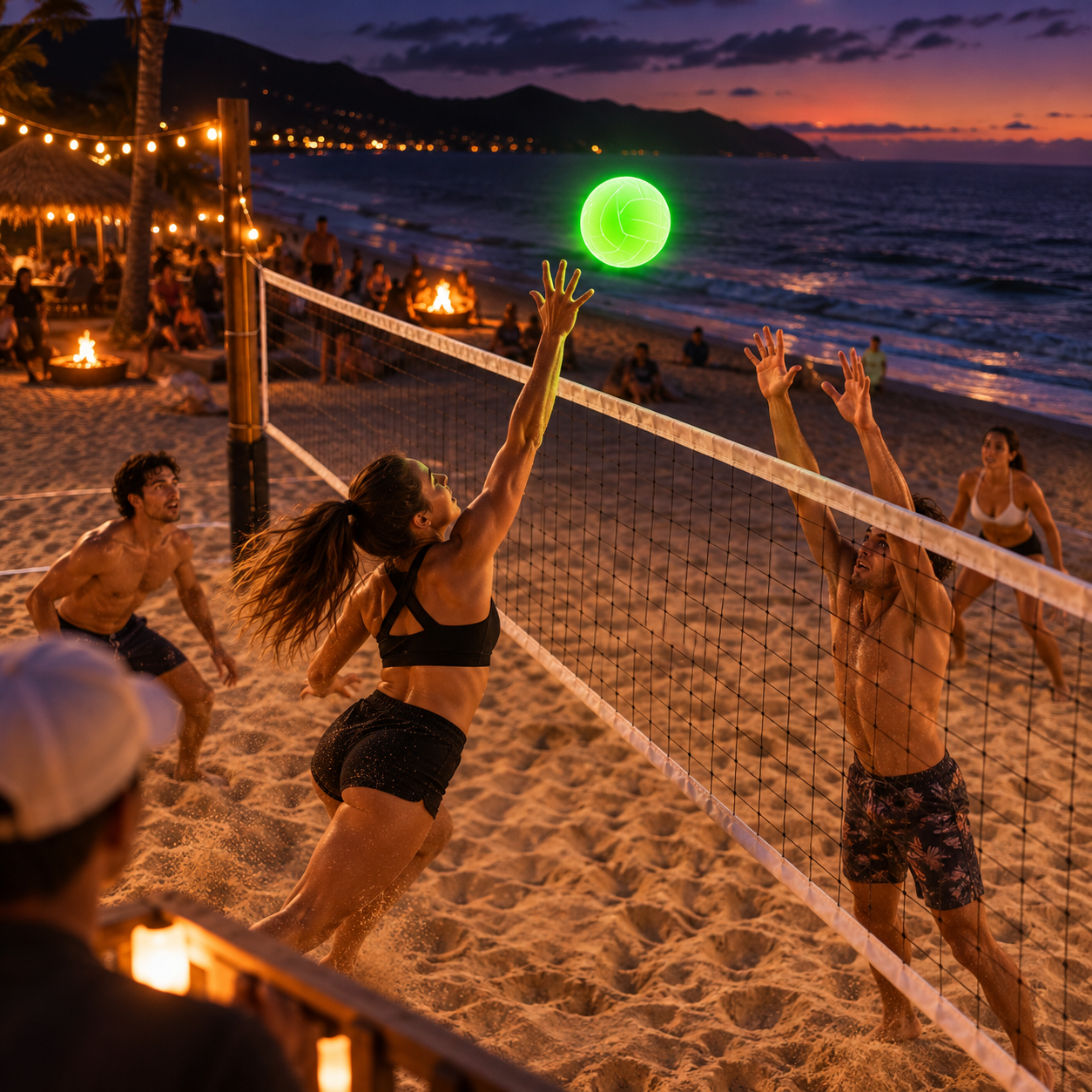 Beach volleyball rally with glowing green volleyball