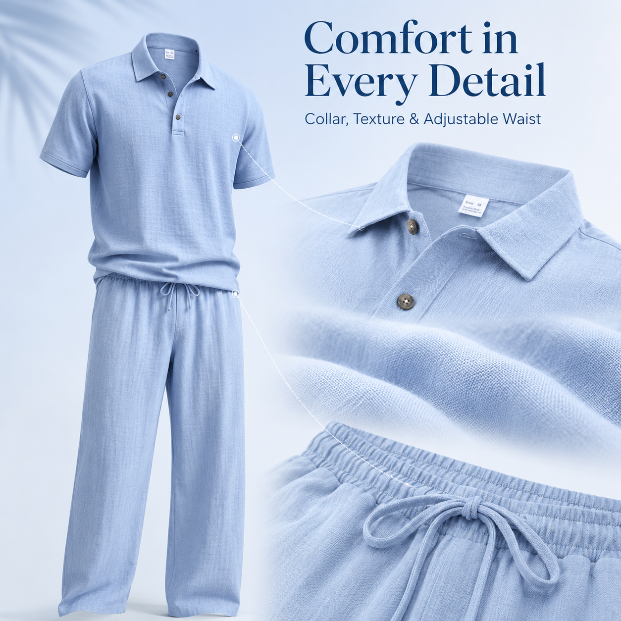Close look at light blue linen fabric texture and button detail