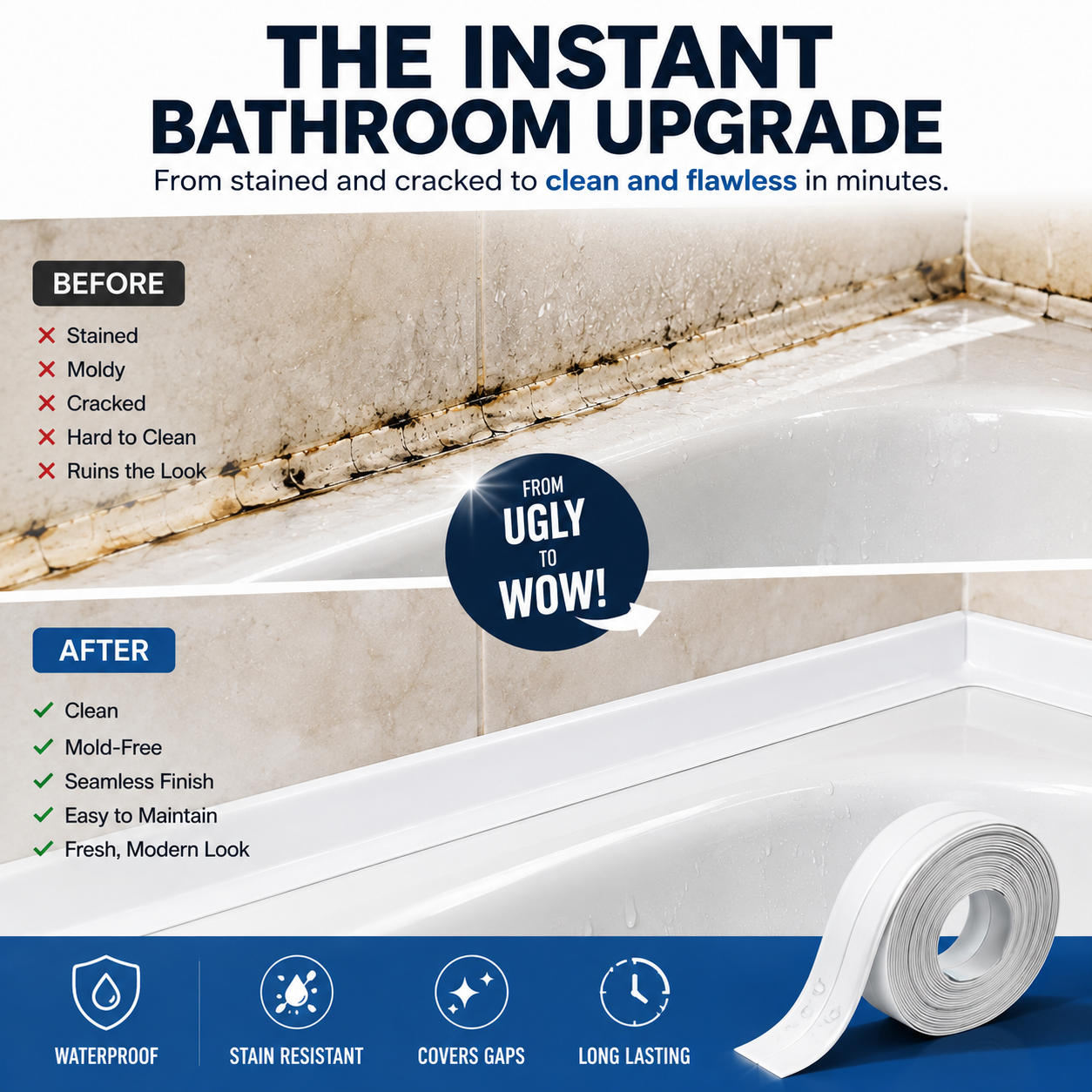 Clean finished bathroom edge using self adhesive sealing strip