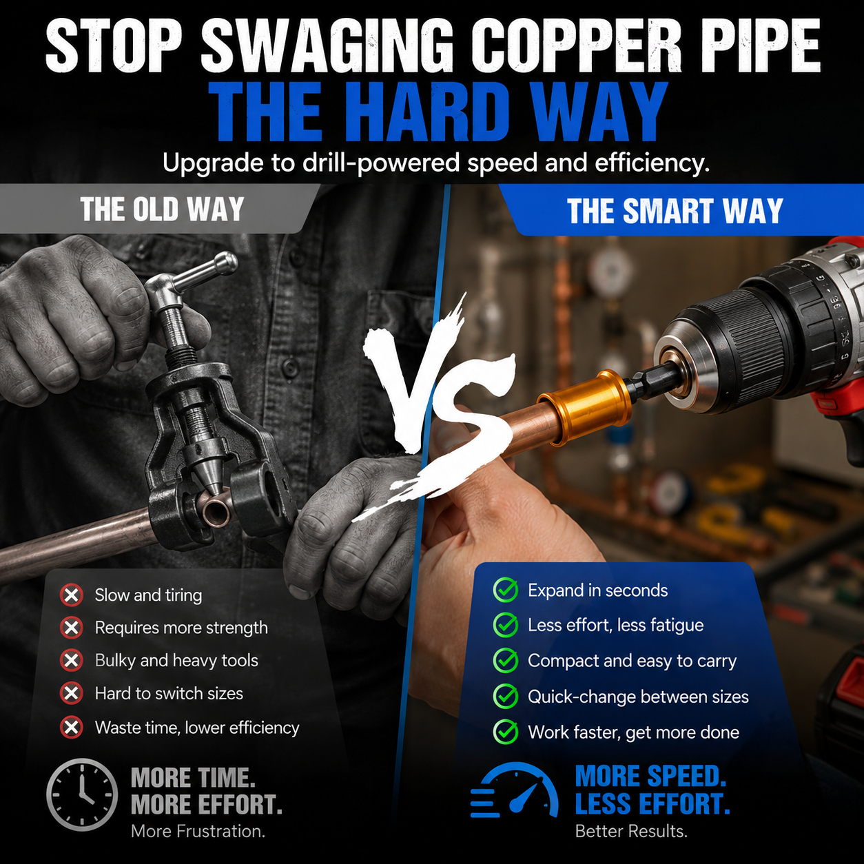 Fast drill powered copper pipe swaging tool
