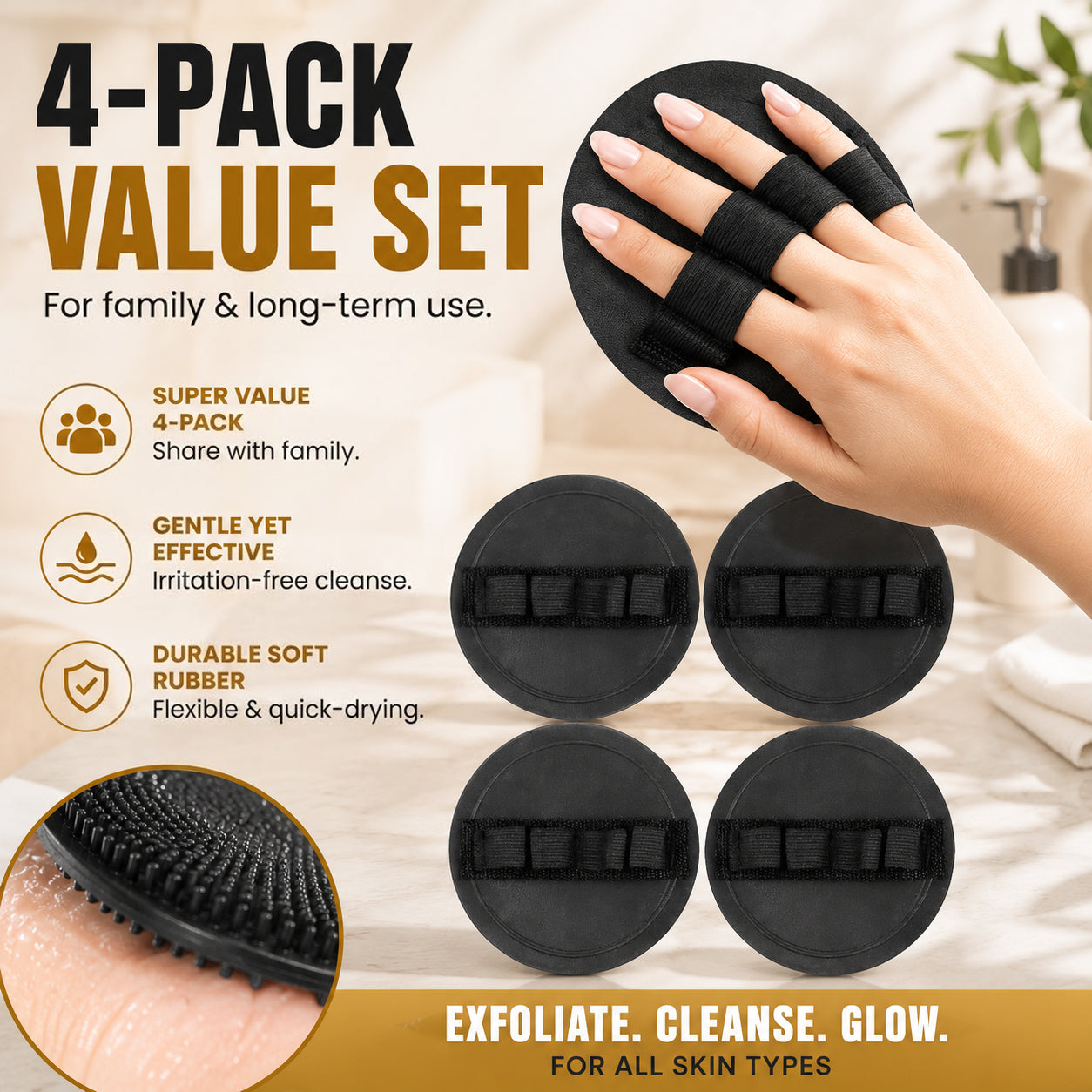 Four-pack of soft rubber shower scrubbers