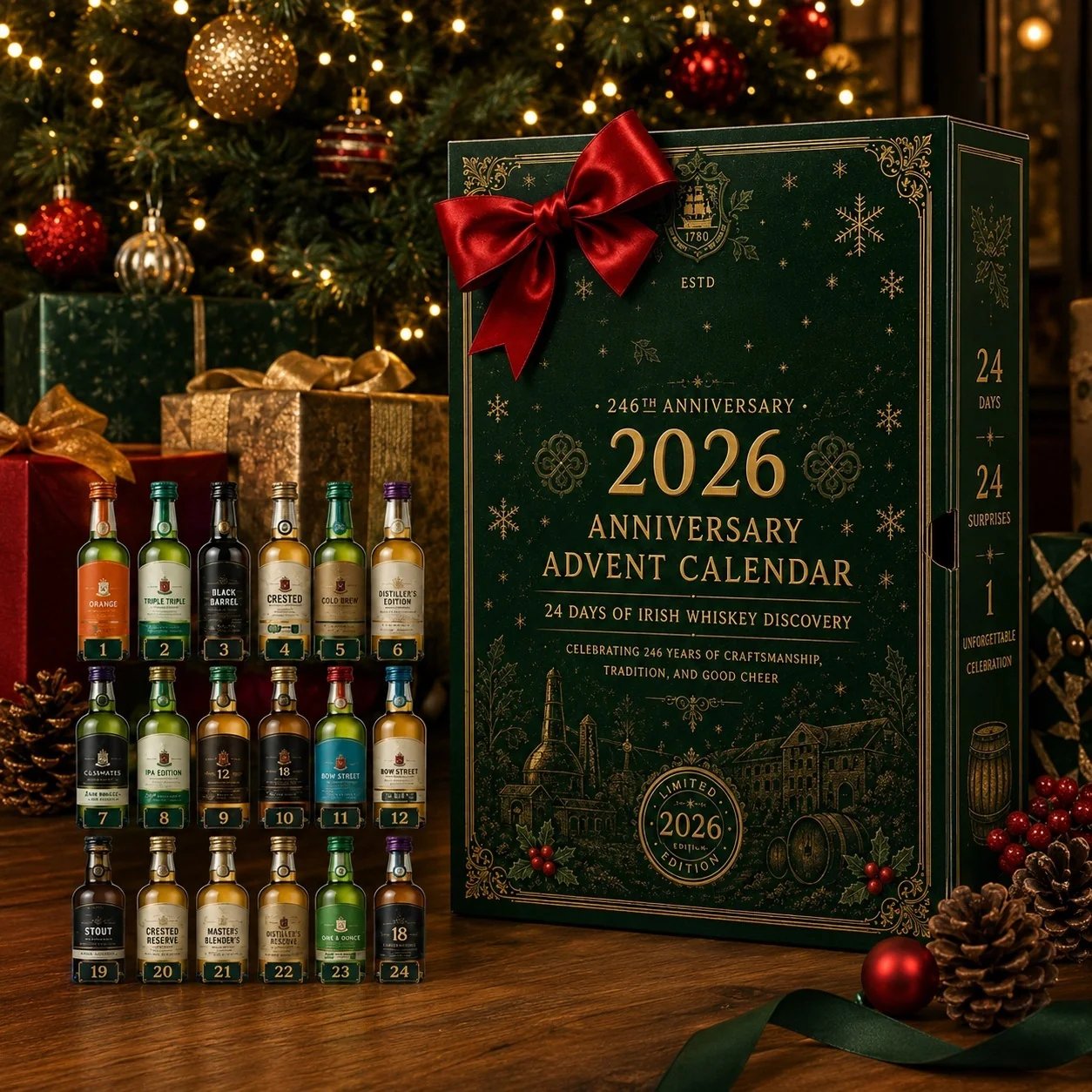 24-day 2D flat acrylic advent calendar with whiskey-themed printed artwork