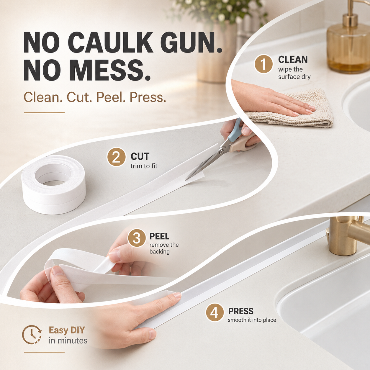 Simple clean cut peel and press caulk tape installation
