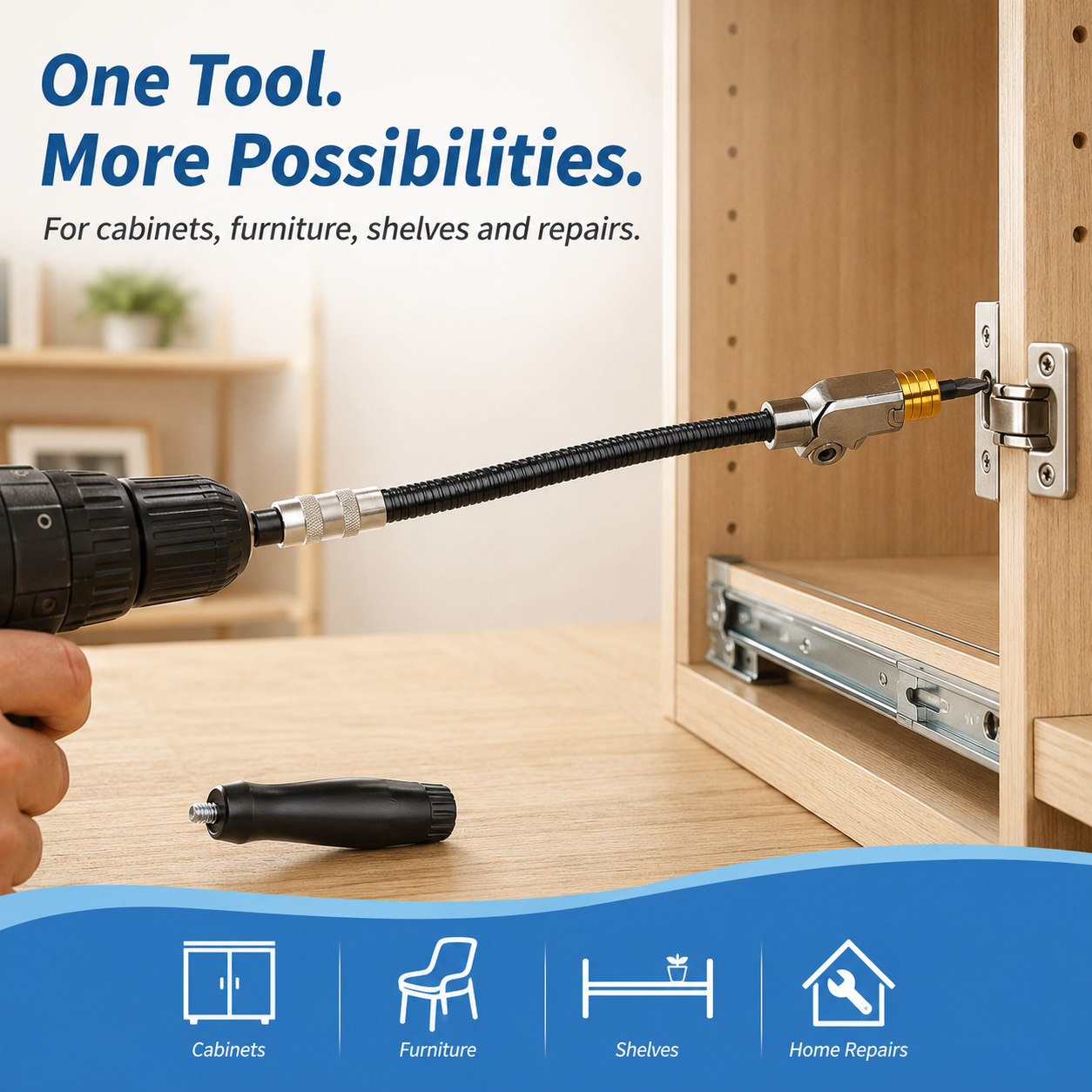 Flexible right angle drill driving screw inside narrow cabinet corner