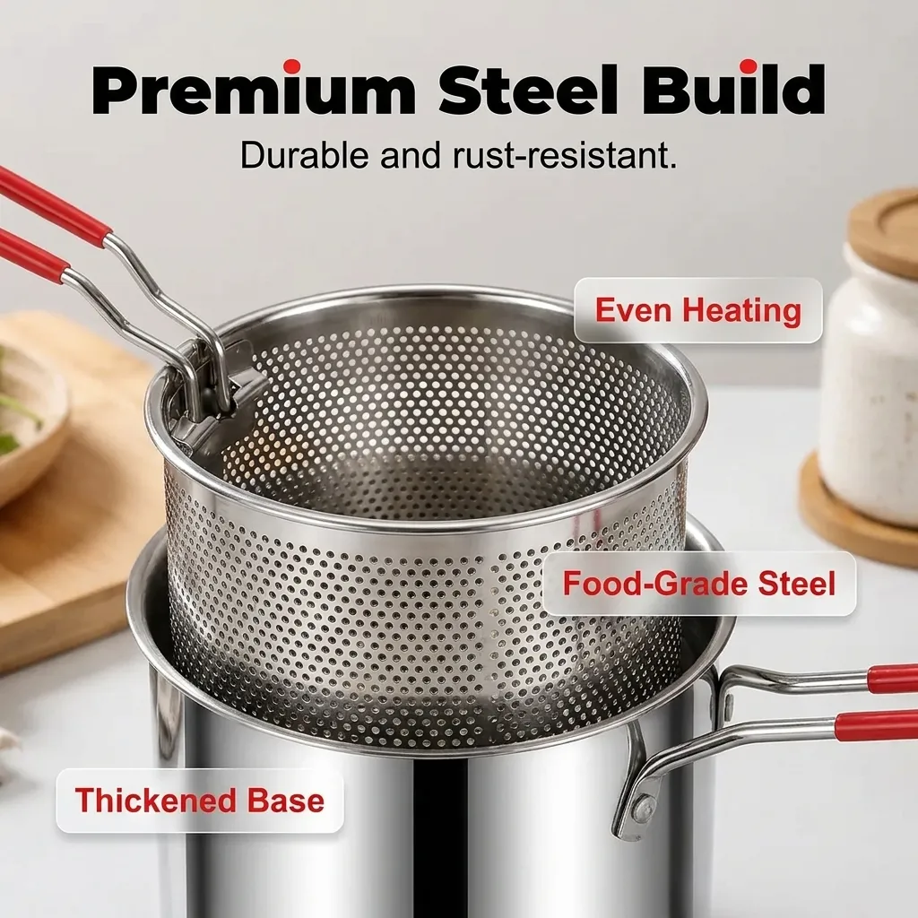 Stainless steel frying pot designed for stovetop heating