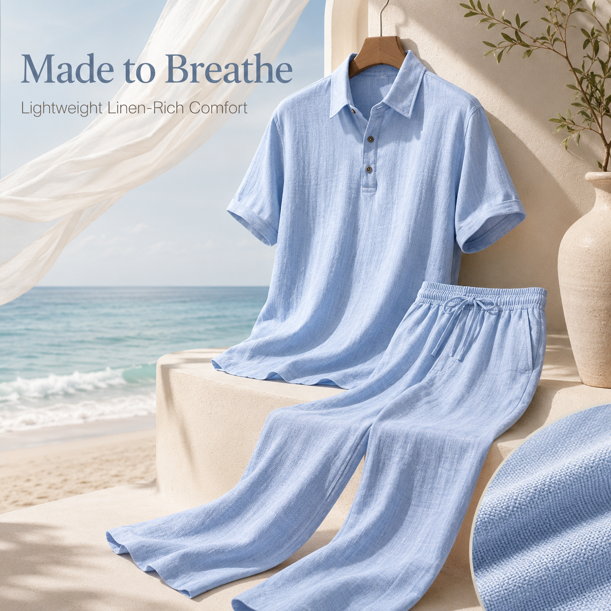 Men's light blue linen polo shirt and full length trousers set