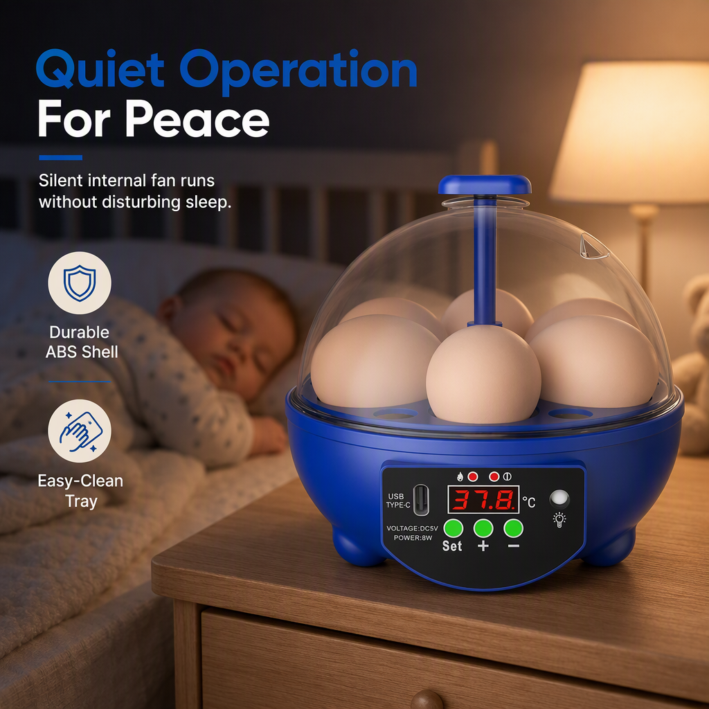 Low noise motor operation of mini egg incubator