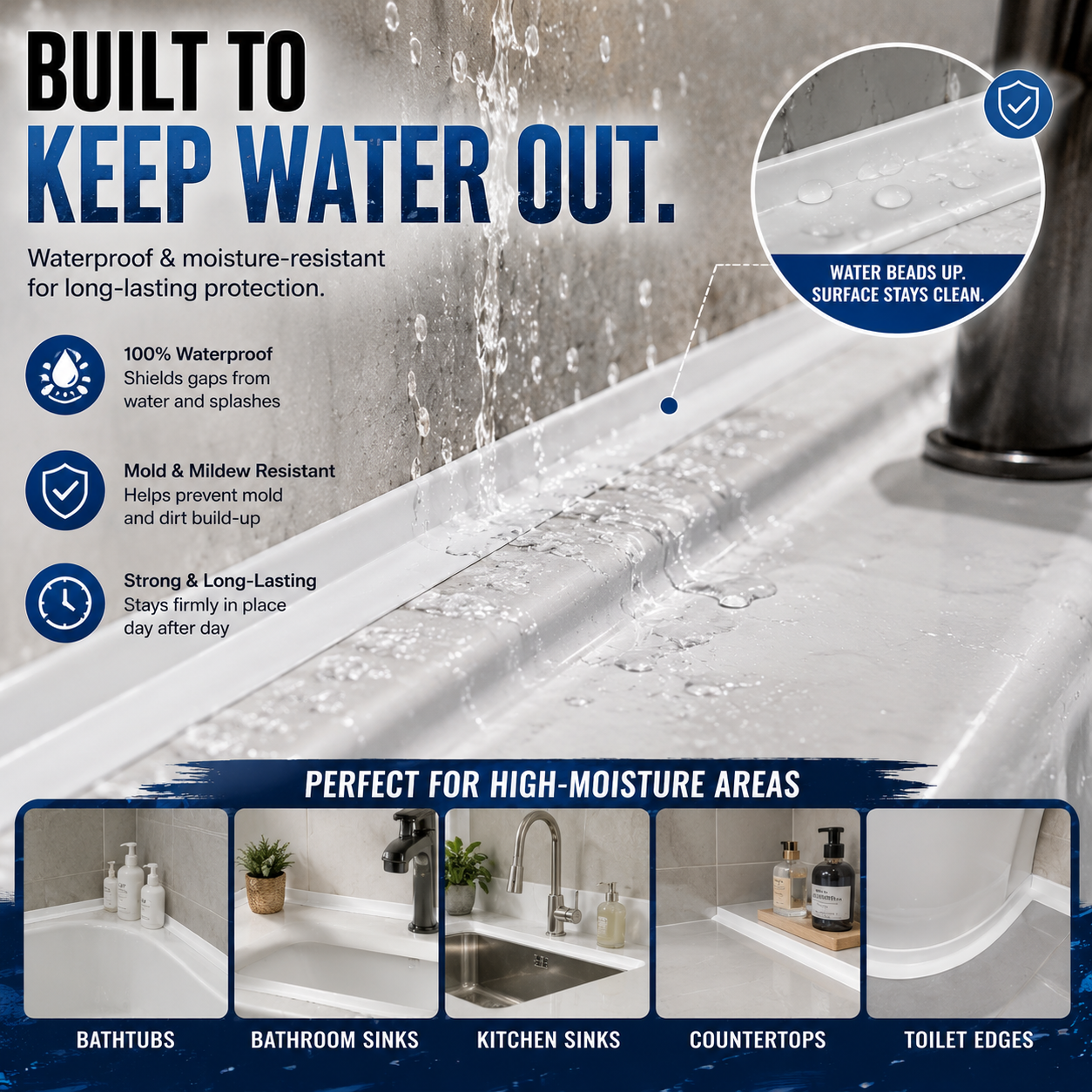 Water resistant caulk tape for bathroom kitchen sink and countertop