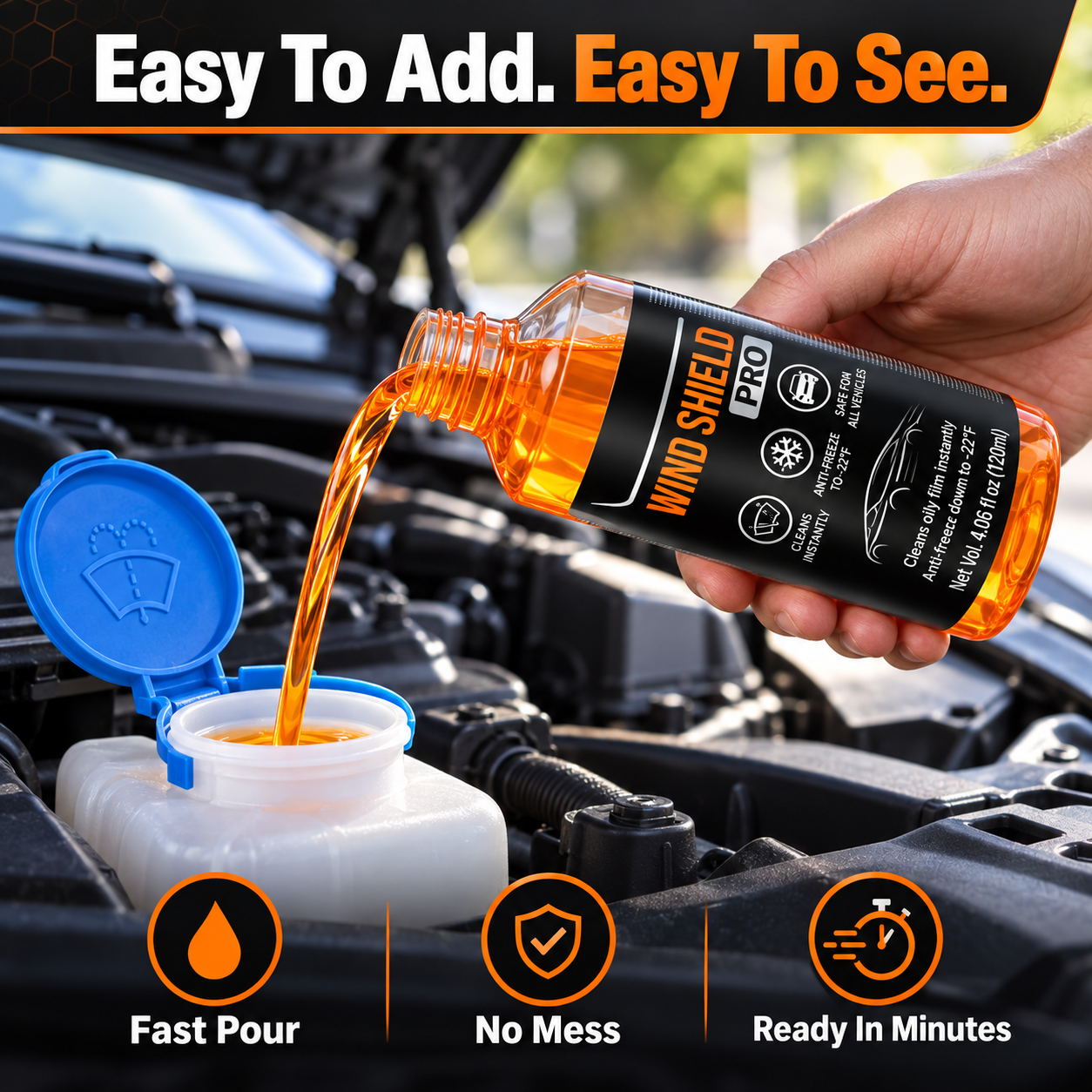 Pouring windshield oil film cleaner fluid into car reservoir
