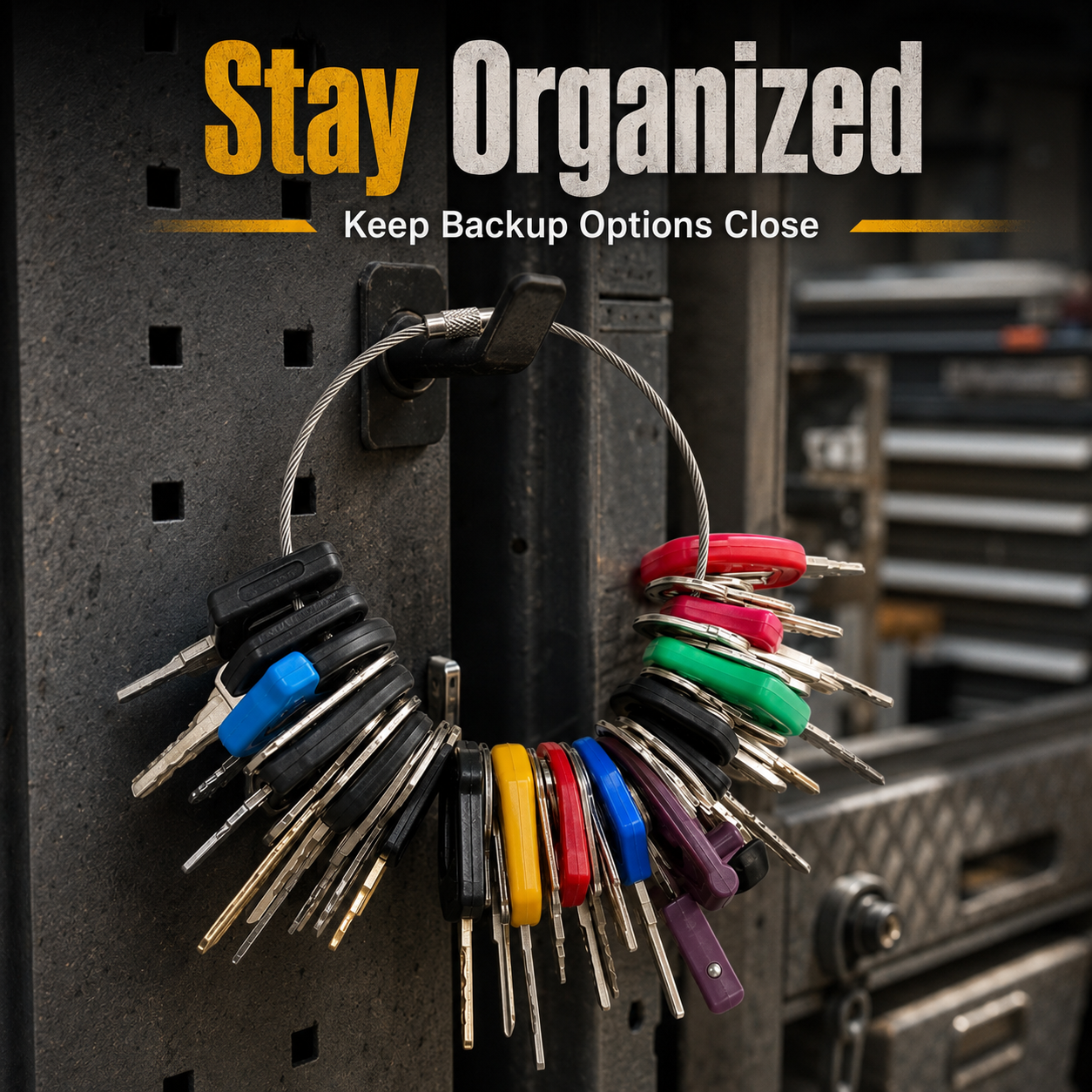 Heavy equipment key master set displayed on cable keyrings