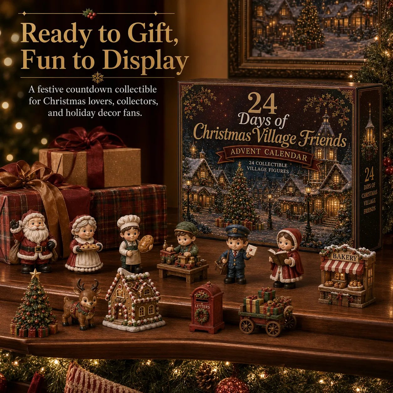 Festive advent calendar box with 24 numbered doors displayed beside holiday greenery