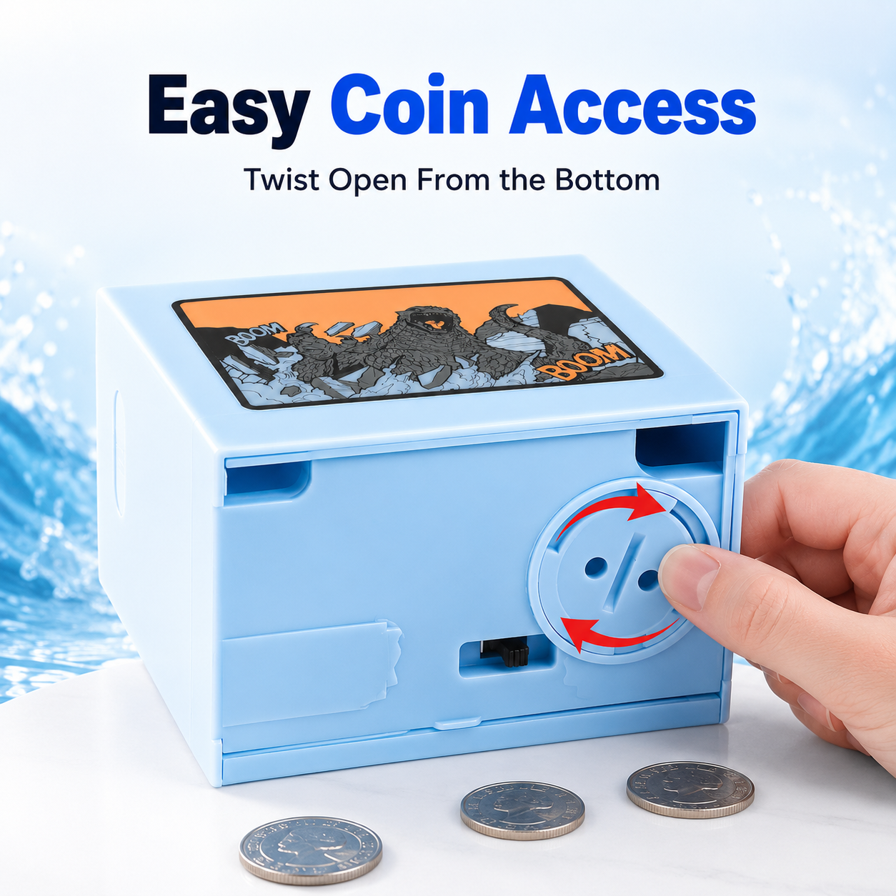Monster coin bank displayed on bedroom desk shelf