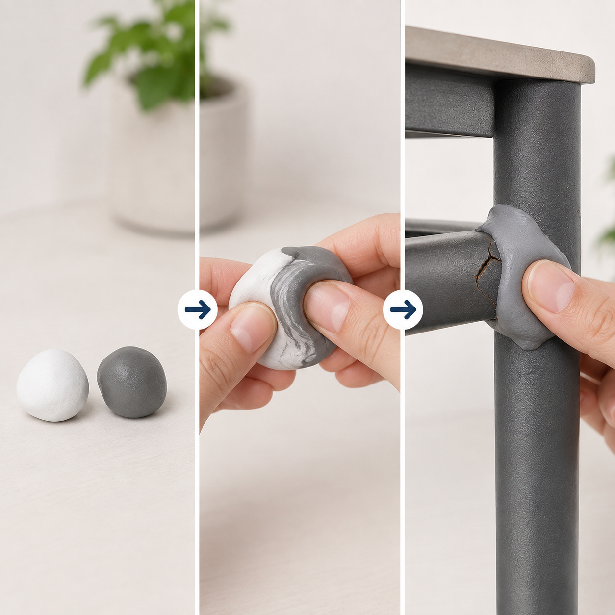 Three step process mixing kneading and applying two part repair putty