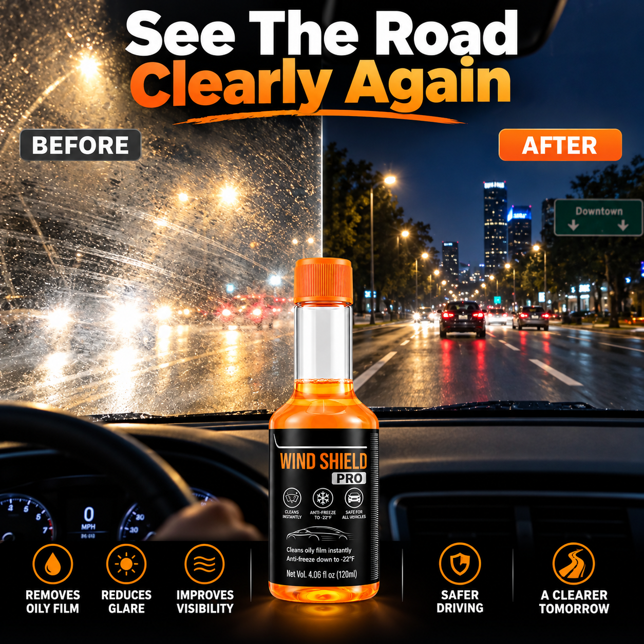 Before and after windshield cleaning with oil film remover