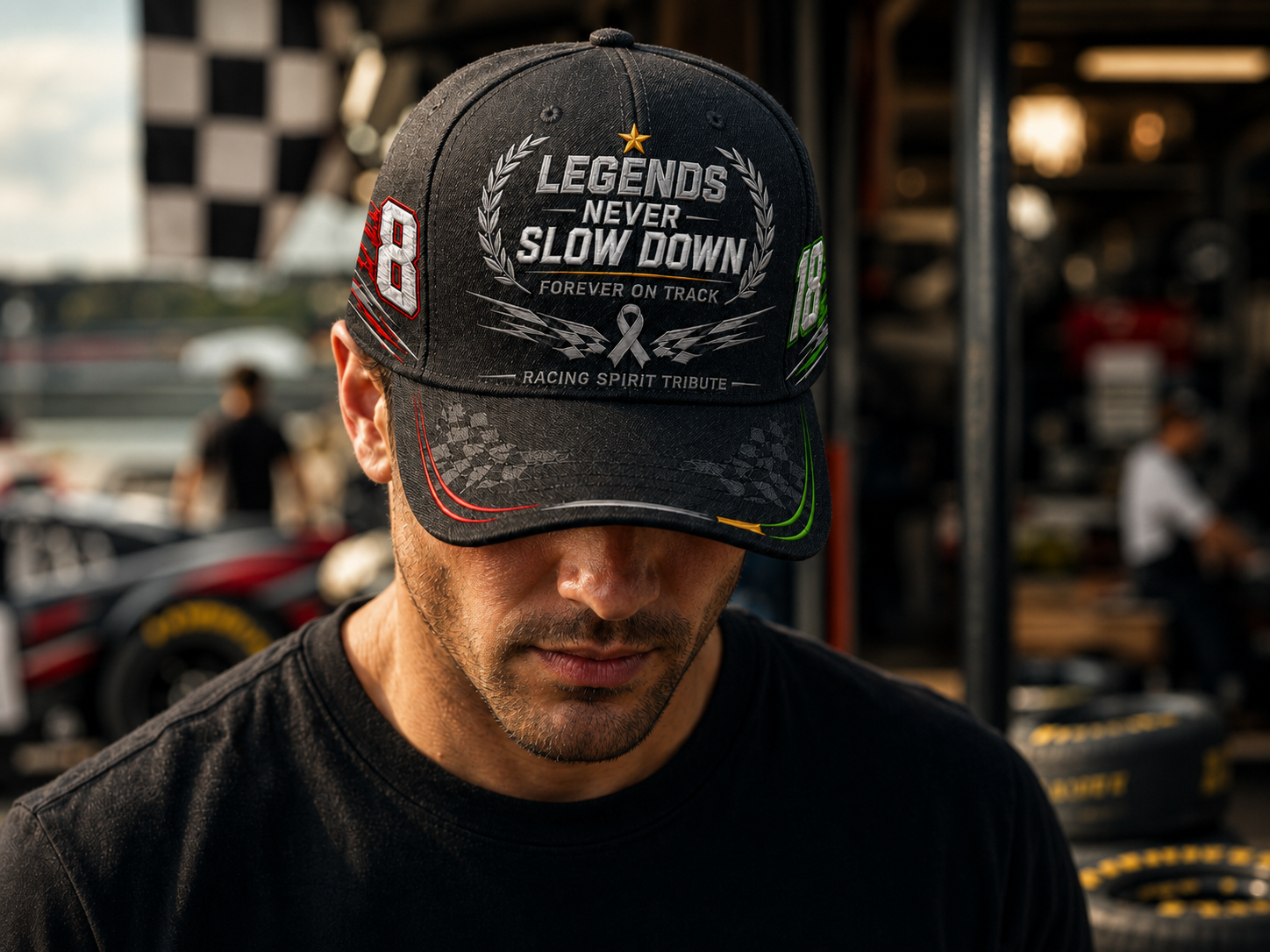 Racing fan wearing tribute cap