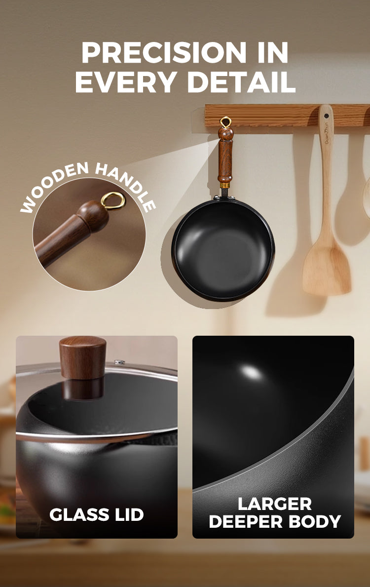 Iron wok wooden handle glass lid and deep body