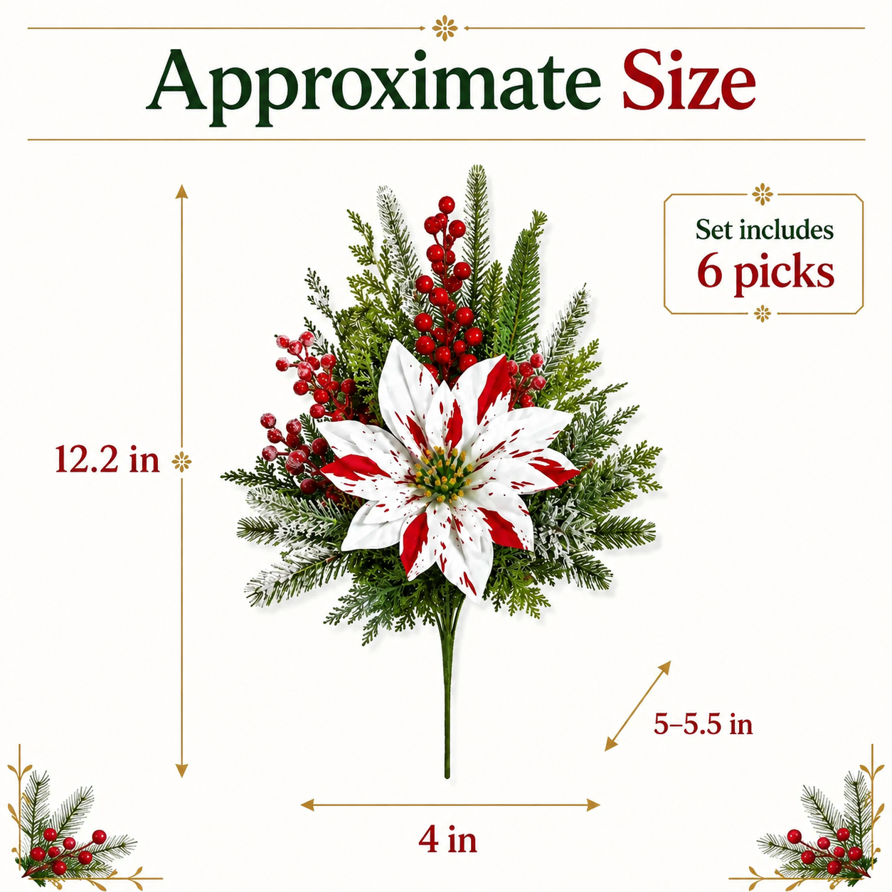 Poinsettia picks size guide and dimension details