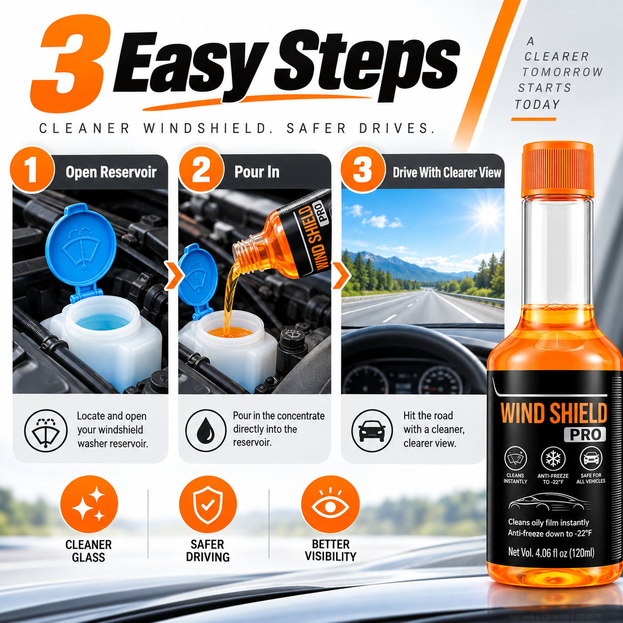 Three steps to add and use windshield cleaner fluid