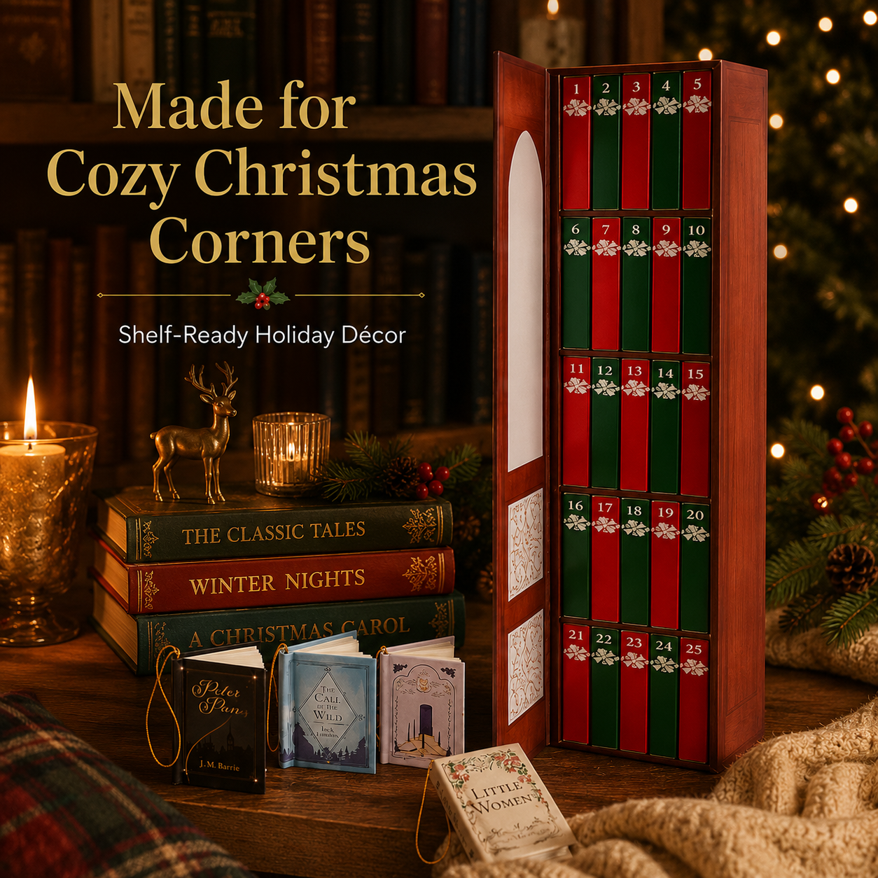 Mini book hung as a decorative ornament on Christmas tree branch