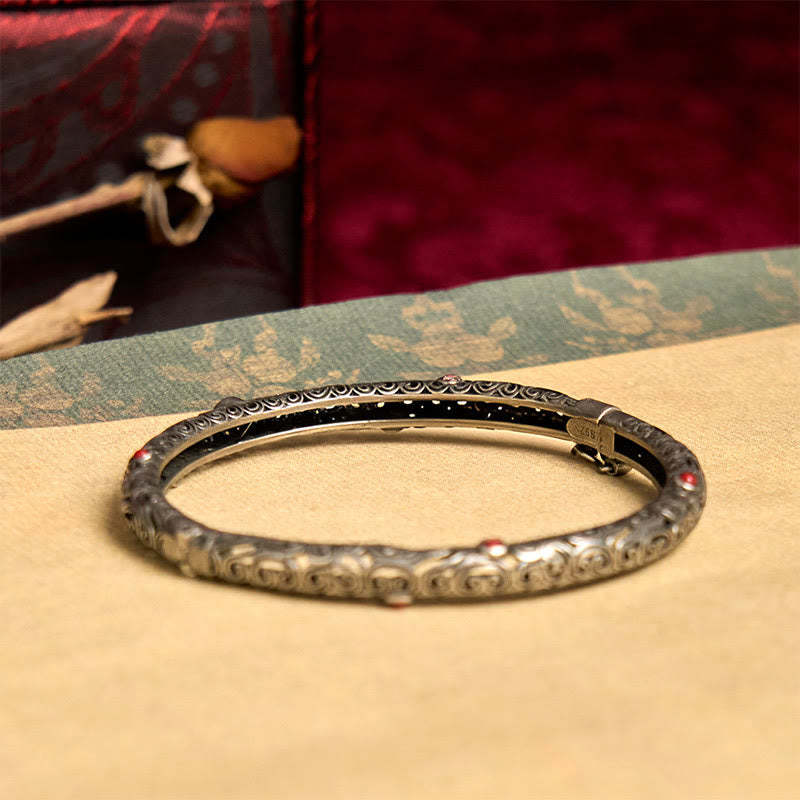 Vintage Tang Dynasty Flower Design Engraved Red Agate Copper Luck Bracelet Bangle