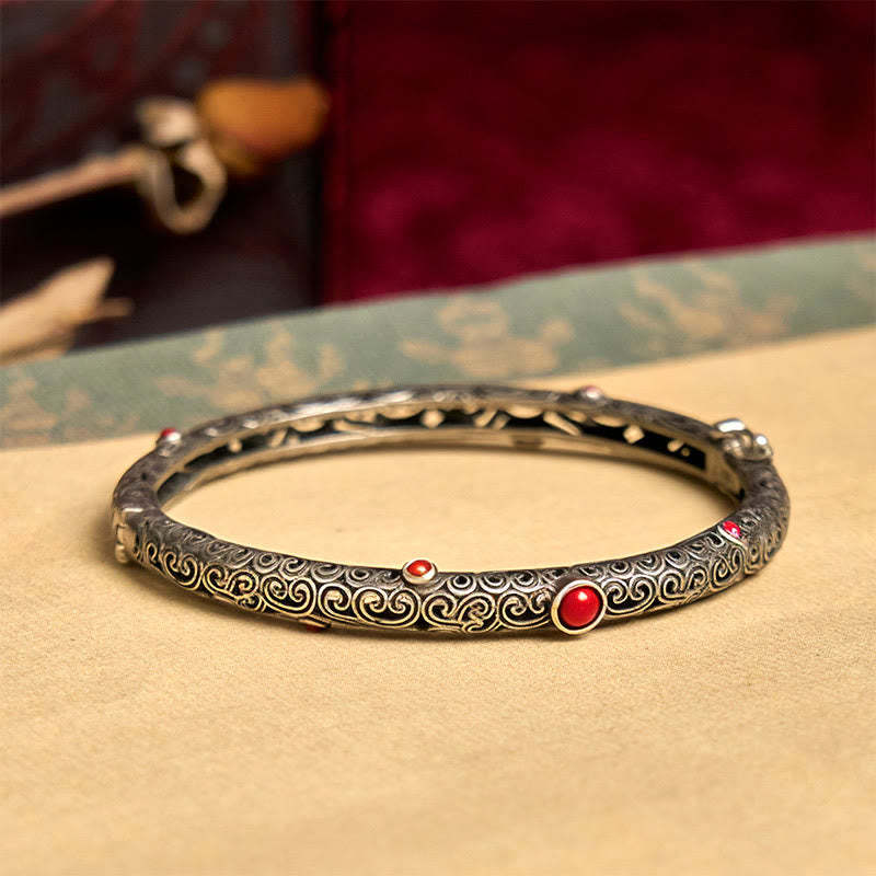 Vintage Tang Dynasty Flower Design Engraved Red Agate Copper Luck Bracelet Bangle