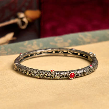 Vintage Tang Dynasty Flower Design Engraved Red Agate Copper Luck Bracelet Bangle