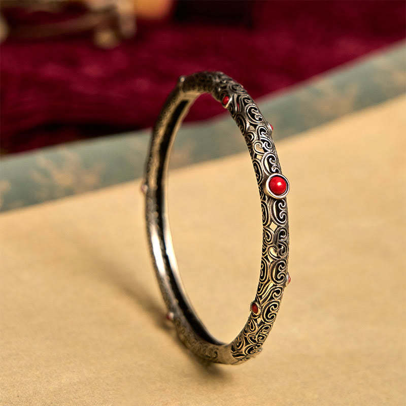 Vintage Tang Dynasty Flower Design Engraved Red Agate Copper Luck Brac