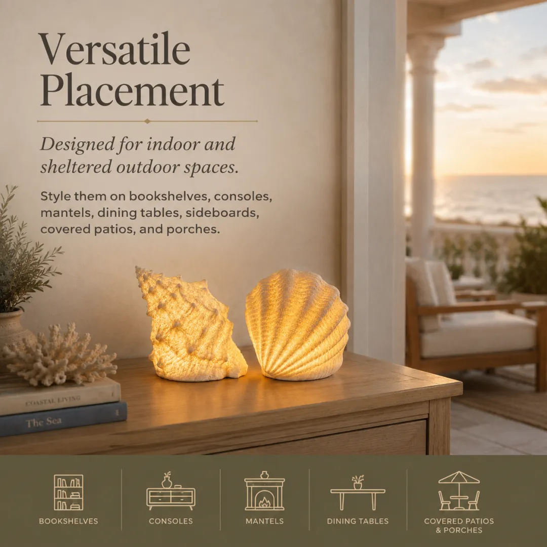 Shell lights creating warm ambience on a styled table