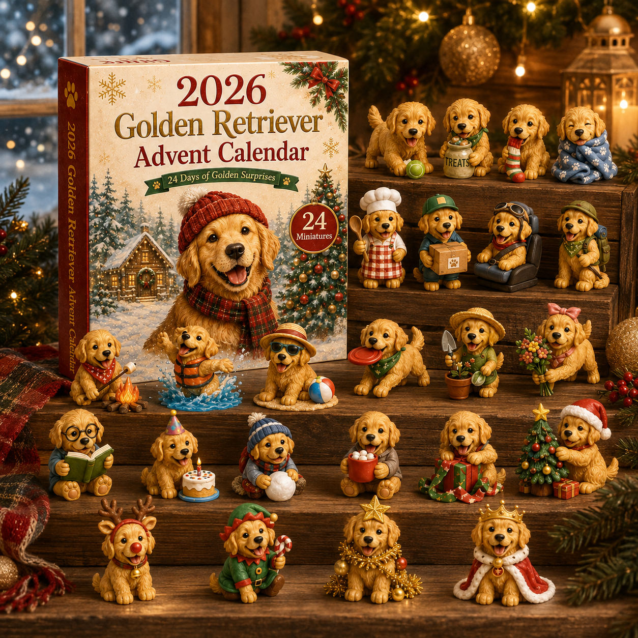 Golden Retriever Advent Calendar displayed on Christmas wooden shelves