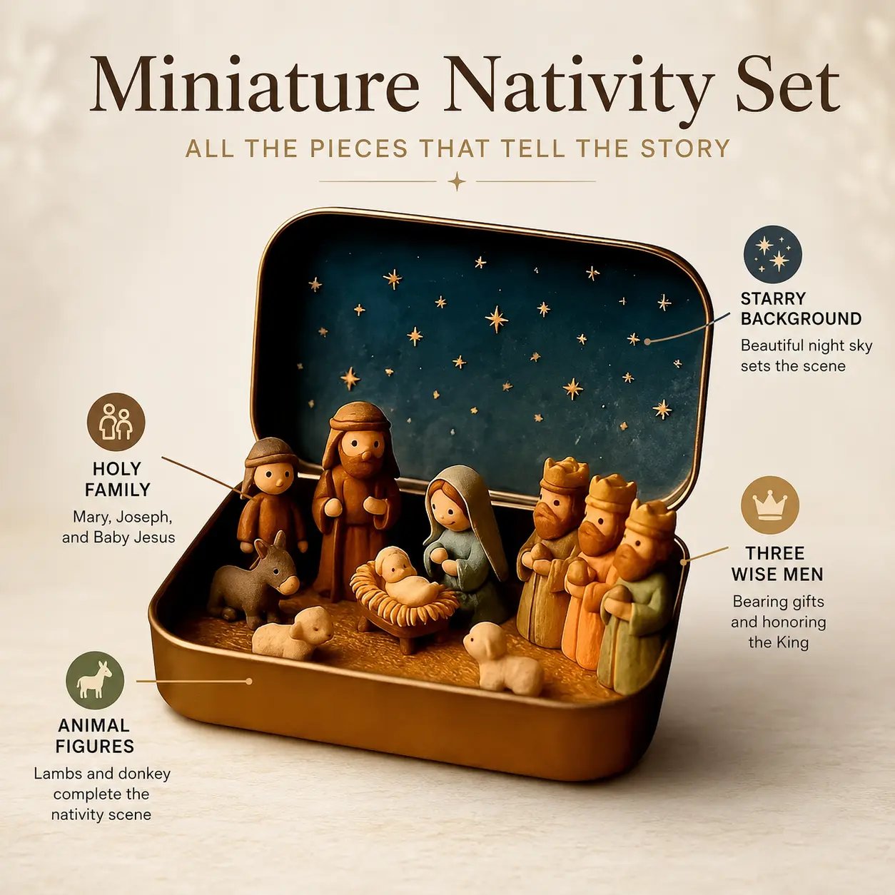 Full miniature Nativity cast in tin