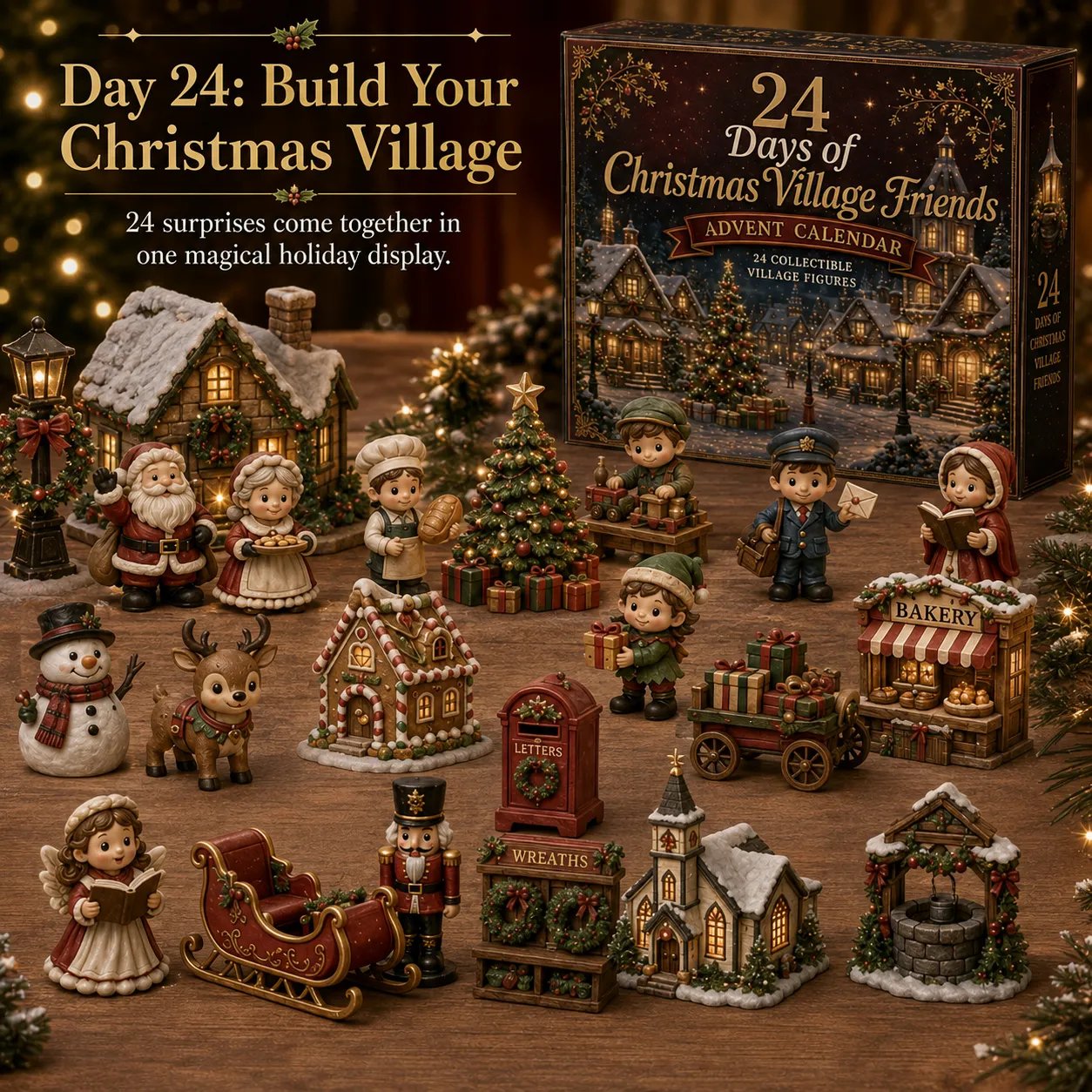 All 24 miniature Christmas village figurines and cottages arranged together