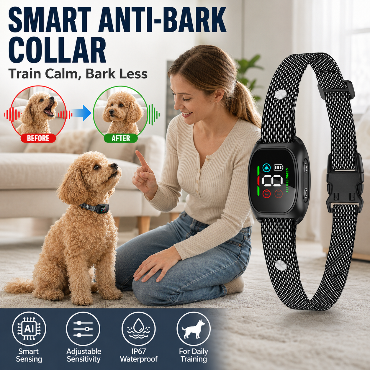 No-shock beep and vibration anti-bark collar for dogs