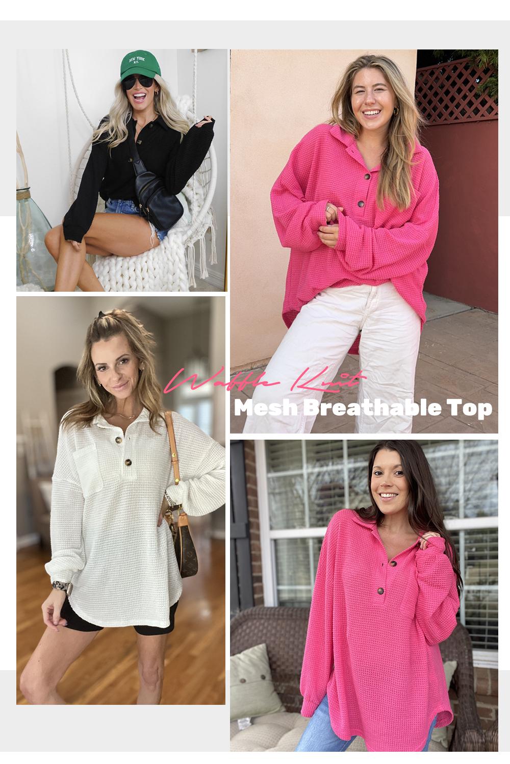 EVALESS Women's Oversized Henley Waffle Shirts Tops Button V Neck Long Sleeve Lightweight Mesh Knitwear Tunic Blouses 2026 Casual Fall Outfits Green Minimalist Style  Deals For You Days summer outfits,back to school,back to school shopping