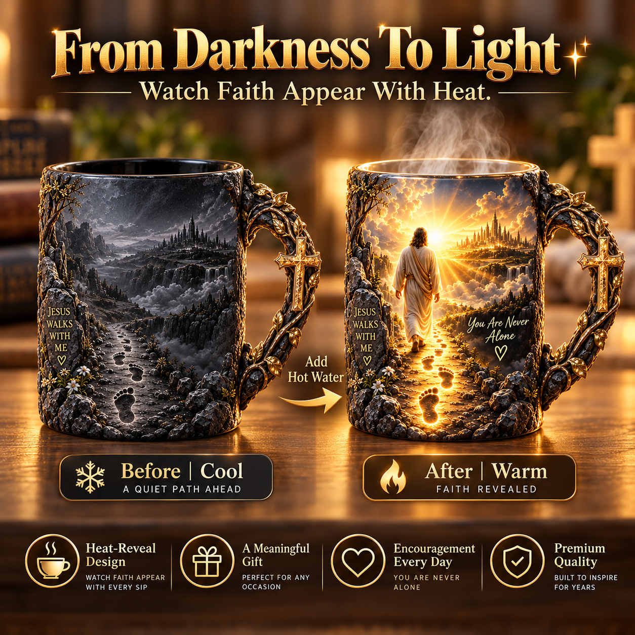 Jesus Walks With Me heat-reveal mug showing cool and warm appearances