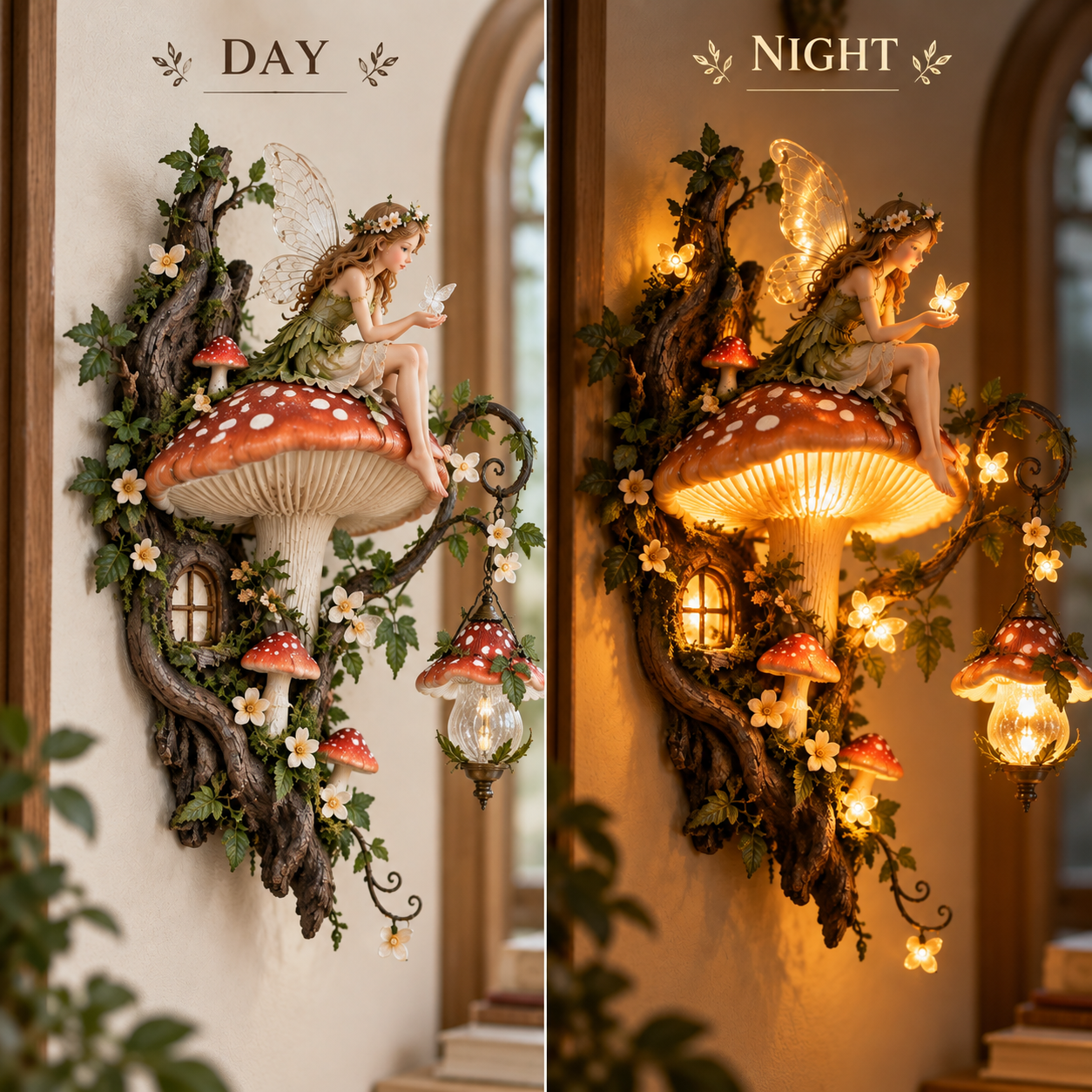 Fairy Mushroom Wall Light day and night