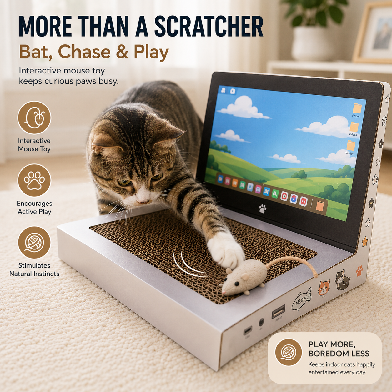 Cat playing with laptop scratcher in living room setup