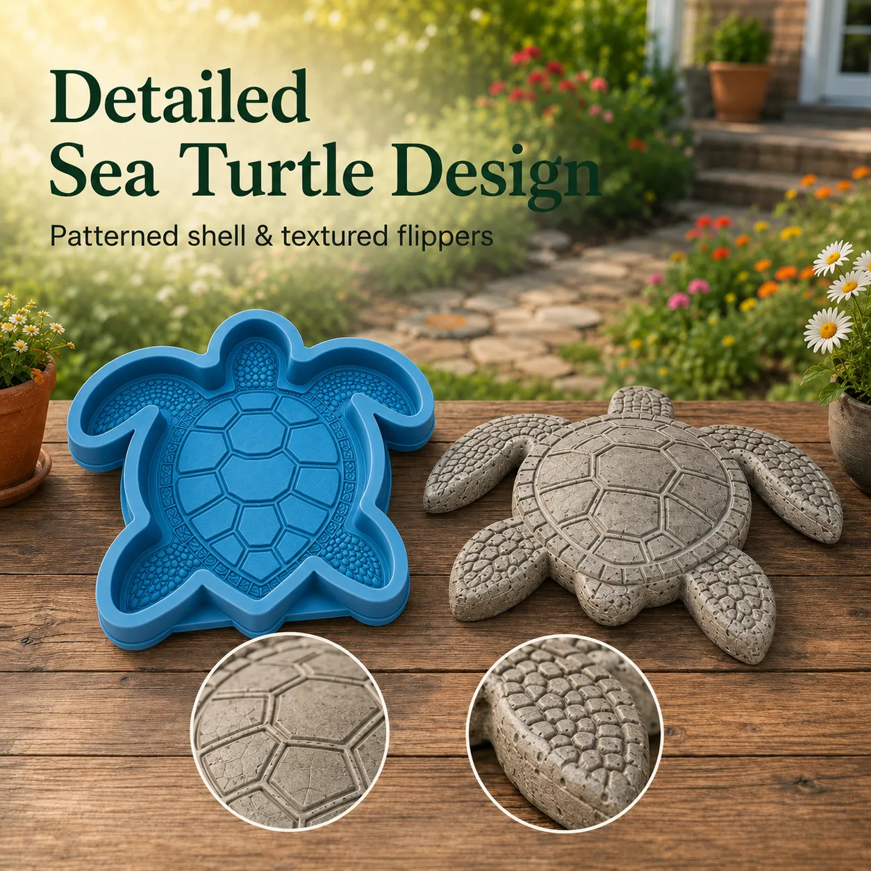 Detailed raised shell and flipper textures on sea turtle concrete stone